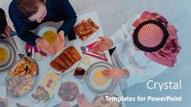  Presentation with feasting - Presentation design enhanced with top-view-of-muslim-family background and a light blue colored foreground