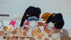  Presentation with halal - Presentation theme having top-view-of-muslim-family background and a coral colored foreground