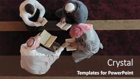  Presentation with islamic book - Amazing PPT theme having top-view-of-muslim-people backdrop and a tawny brown colored foreground