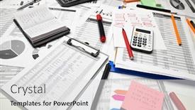  Presentation with bookkeeping - Colorful presentation design enhanced with top-view-of-office-worker backdrop and a light gray colored foreground