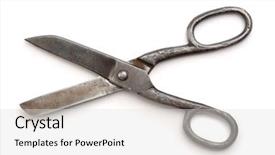  Presentation with old - Slide deck with top view of old scissors background and a light gray colored foreground