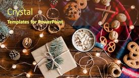  Presentation with pinecones - PPT theme enhanced with top view of packed gift surrounded by hot drink pinecones cookies walnuts threads conifer and garlands on wooden table background and a tawny brown colored foreground