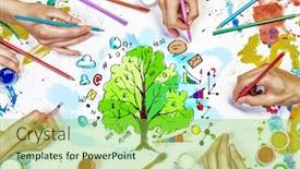  Presentation with business growth - Beautiful presentation design featuring top view of people hands drawing business growth and income concept backdrop and a yellow colored foreground