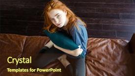  Presentation with brown leather - PPT theme enhanced with top view of pretty shy girl with red hair sitting on brown leather sofa hugging knitted pillow and looking camera background and a wine colored foreground