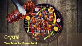  Presentation with barbecue ribs - Beautiful slide deck featuring top view of ribs and fresh meat and vegetable on grill placed on wooden floor barbecue grill and food concept backdrop and a tawny brown colored foreground
