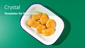 Presentation with nuggets food - PPT layouts with top-view-of-six-chicken background and a ocean colored foreground