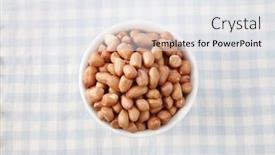  Presentation with nut - Cool new PPT layouts with top view of the ground nut in the round shape container on top checker mat backdrop and a white colored foreground