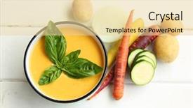  Presentation with soup - PPT theme consisting of top view of vegetables soup in a white bowl with spoon and fresh vegetables on a white wooden background background and a blonde colored foreground