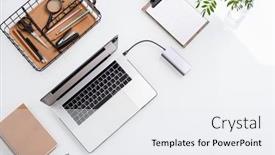  Presentation with white blank notebook silver - Beautiful slide set featuring top-view-of-white-desk backdrop and a sky blue colored foreground