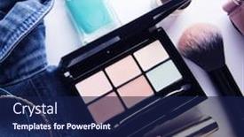  Presentation with pallet - Cool new slide deck with top view of woman jeans shirt concealer pallet lip gloss nail polish bracelet powder brush on white background beauty and fashion concept backdrop and a navy blue colored foreground