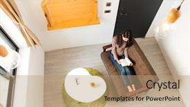  Presentation with reading - Amazing PPT theme having top view of woman reading backdrop and a  colored foreground