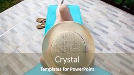  Presentation with top hat - Theme with top view of woman relaxing on sunbed on a hot summer day - focus on straw hat background and a coral colored foreground