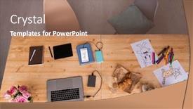  Presentation with wooden toy - Colorful PPT theme enhanced with top-view-of-wooden-table backdrop and a coral colored foreground