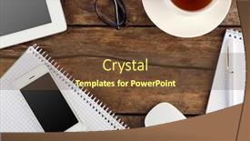  Presentation with elements - Cool new slide set with top view of working place elements on wooden table backdrop and a tawny brown colored foreground