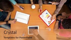  Presentation with statistics - Beautiful slide deck featuring top view of working table with students tablet and statistics in teamwork backdrop and a coral colored foreground