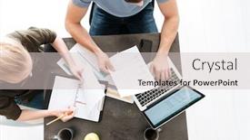  Presentation with busy work - Slide deck enhanced with top view of young busy concentrated couple work with papers and laptop at home background and a soft green colored foreground