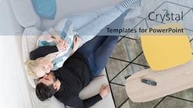  Presentation with television watching - Slide deck consisting of top view of young couple on the sofa watching television together at home background and a light blue colored foreground