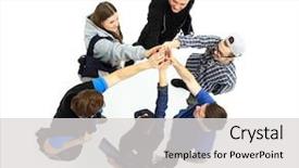  Presentation with people - Slides enhanced with top view of young people with their hands together in a circle background and a light gray colored foreground