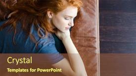  Presentation with brown leather - Beautiful PPT layouts featuring top view on beautiful sensual redhead young woman sleeping on brown leather sofa with knitted pillow backdrop and a tawny brown colored foreground