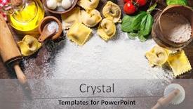  Presentation with pasta - Slide set consisting of top view on homemade pasta ravioli on old wooden table with flour basil tomatoes and vintage kitchen accessories background and a light gray colored foreground