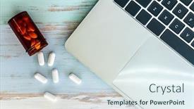  Presentation with pill bottle - Cool new theme with chemical spill - top view pills medicine spilling backdrop and a sky blue colored foreground