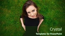  Presentation with green lawn - Cool new slide set with top view portrait of a young beautiful woman in black dress lies on a green lawn in a park backdrop and a tawny brown colored foreground