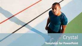  Presentation with track field - Colorful PPT layouts enhanced with top view portrait of a muscular afro american man standing on a track field outdoors and looking at camera backdrop and a light blue colored foreground