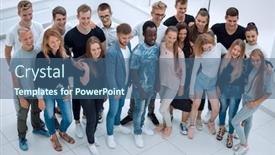  Presentation with speaker - Presentation design with top-view-seminar-participants-applauding background and a ocean colored foreground