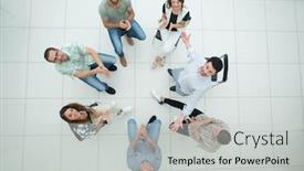  Presentation with team business top view - Cool new PPT theme with top-view-smiling-business-team backdrop and a light gray colored foreground