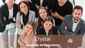  Presentation with team business top view - Amazing PPT theme having top-view-smiling-young-business backdrop and a coral colored foreground