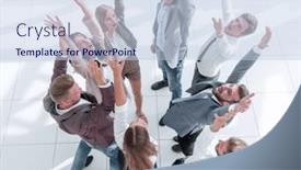  Presentation with team business top view - Colorful presentation design enhanced with top view successful business team standing in a circle with hands up backdrop and a lemonade colored foreground