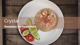  Presentation with thai food - Cool new PPT layouts with top view thai food shrimp fried rice isolated on rustic wooden table backdrop and a coral colored foreground