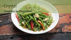  Presentation with thai food - Colorful presentation design enhanced with top view thai food stir fried morning glory isolated on rustic wooden table backdrop and a mint green colored foreground