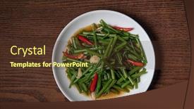  Presentation with thai food - Presentation theme consisting of top view thai food stir fried morning glory isolated on wooden table background and a tawny brown colored foreground