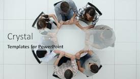  Presentation with team business top view - Audience pleasing slide set consisting of top view the business team hold hands forming a circle backdrop and a sky blue colored foreground