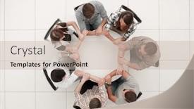  Presentation with team business top view - Beautiful theme featuring top view the business team hold hands forming a circle backdrop and a soft green colored foreground