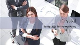  Presentation with risk top view - Colorful theme enhanced with top view three employees standing backdrop and a light blue colored foreground