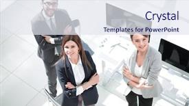  Presentation with employees - Colorful PPT theme enhanced with top view three employees standing backdrop and a sky blue colored foreground