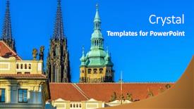  Presentation with prague - Cool new slide deck with top view to red roofs and blue sky skyline of prague city czech republic backdrop and a cobalt blue colored foreground