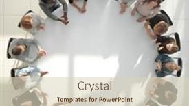  Presentation with round table - PPT theme featuring top-view-young-people-shaking background and a soft green colored foreground