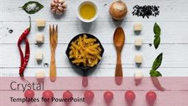  Presentation with italian food - Amazing PPT theme having top view of all the necessary food component to make a classic italian pasta with tomato sauce with basil and olive oil backdrop and a coral colored foreground