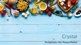  Presentation with italian food - Slides featuring top view of all the necessary food component to make a classic italian pasta with tomato sauce with basil and olive oil background and a sky blue colored foreground