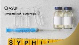  Presentation with medical equipment - Beautiful PPT theme featuring topical drug - syphilis word and medical equipment backdrop and a light gray colored foreground