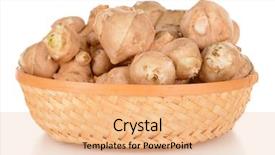  Presentation with wicker - Amazing PPT theme having topinambur roots in wicker basket isolated on white backdrop and a coral colored foreground