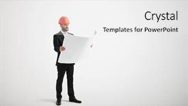  Presentation with orange and grey - Slide set consisting of topographie - serious businessman in orange hardhat background and a white colored foreground