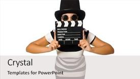 Presentation with clapper - Audience pleasing presentation theme consisting of toppers - woman with movie clapper backdrop and a light gray colored foreground