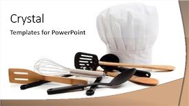  Presentation with cooking chef - Colorful slide deck enhanced with toque with various cooking utensils backdrop and a white colored foreground