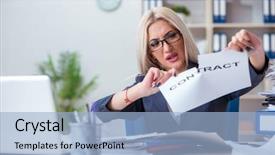  Presentation with desk - PPT theme having torn contract - businesswoman with message in office background and a light blue colored foreground