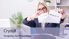  Presentation with office desk reception - Audience pleasing slide set consisting of torn contract - businesswoman with message in office backdrop and a light blue colored foreground