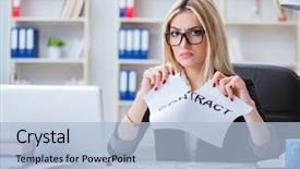  Presentation with office - Slides having torn contract - young businesswoman with message background and a light blue colored foreground